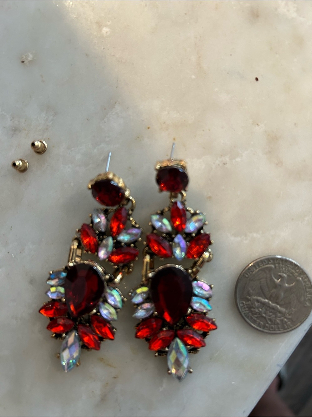 Elegant Red Teardrop Statement Earrings - Gold Tone New. Fl1
